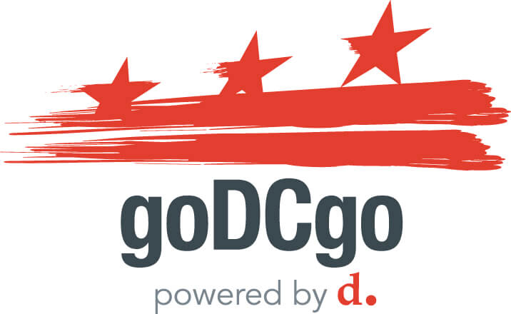 Logo with three red stars above red brushstrokes and the text "goDCgo" in bold, black letters; below, smaller text reads "powered by d." in gray and red.