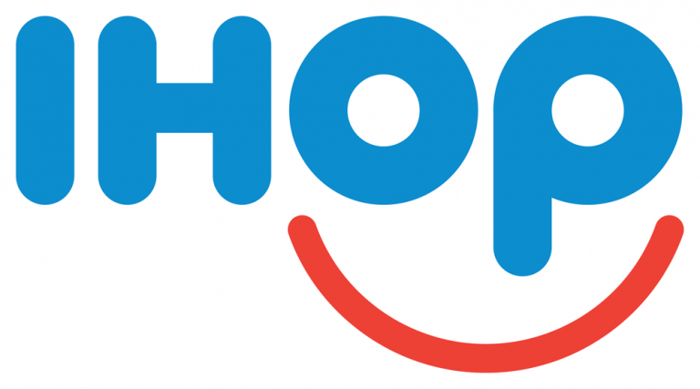 The IHOP logo features the word "IHOP" in bold blue letters, with a red curved line under the "O" and "P" resembling a smiling face. The design gives a friendly and inviting impression.