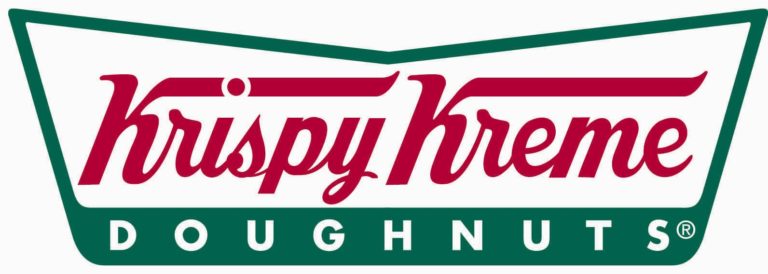 Krispy Kreme Doughnuts logo with red cursive text “Krispy Kreme” above green block letters spelling “Doughnuts,” inside a white, green-outlined shape.