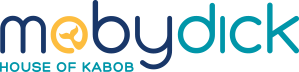 Logo for "moby dick HOUSE OF KABOB" with "moby" in navy blue, "dick" in turquoise, and a whale tail inside the letter "o." "HOUSE OF KABOB" is in all caps turquoise text below.