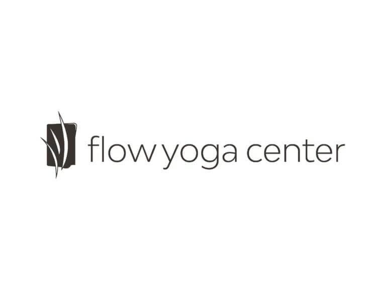 Flow Yoga Center logo with a modern, abstract design of flowing lines on the left and the words “flow yoga center” in lowercase, minimalist font to the right.