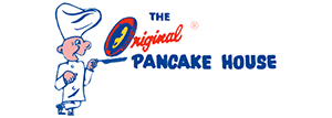 Cartoon chef in a tall hat flips a pancake on a skillet. Next to him, text reads “The Original Pancake House” with "Original" in red script and the rest in blue bold letters.