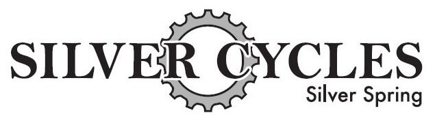 Logo for Silver Cycles, featuring the words "SILVER CYCLES" with a bicycle gear as the letter "O" in "CYCLES," and "Silver Spring" written below on the right.