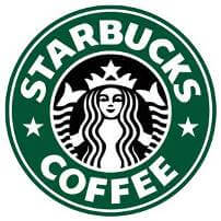 The Starbucks Coffee logo features a green circle with a twin-tailed mermaid siren in the center, surrounded by the words "Starbucks Coffee" in white, with two white stars on each side.