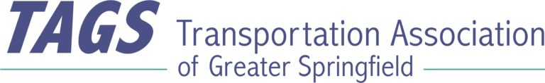 Logo for TAGS, Transportation Association of Greater Springfield. The text is in bold blue and purple letters, with a teal line underneath "Greater Springfield.