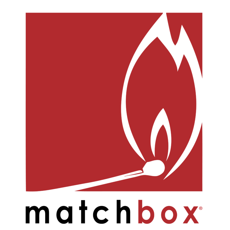 A stylized white matchstick with a flame on a red background, forming part of a logo. Below, the word "matchbox" is written in lowercase, with "box" in red and the rest in black.